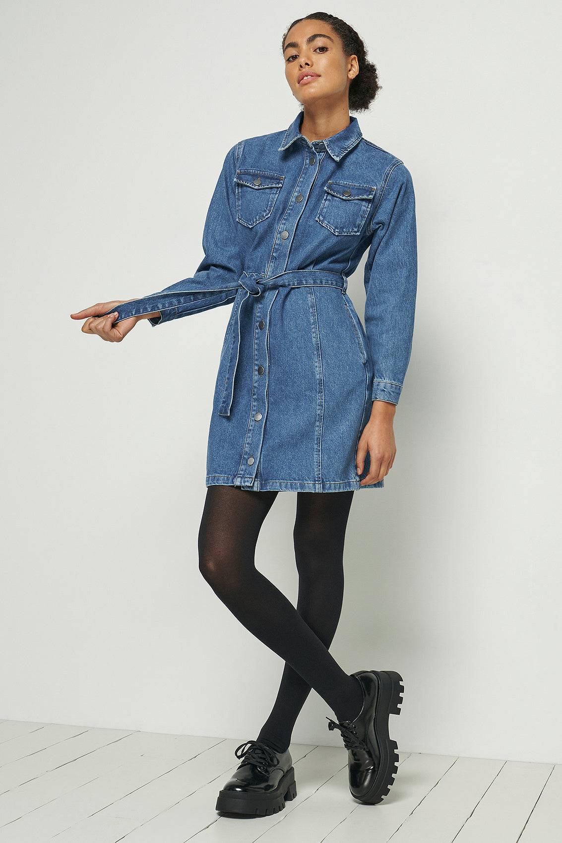 belted denim mini dress