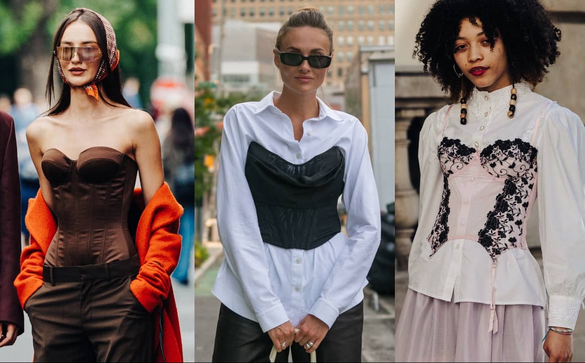 Corsets and bustiers spotted on the streets. Street style in Milan, Paris and New York. Credit: Nick Leuze (left and centre), NYFW/ David Dee Delgado / Getty Images North America / Getty Images via AFP (right).