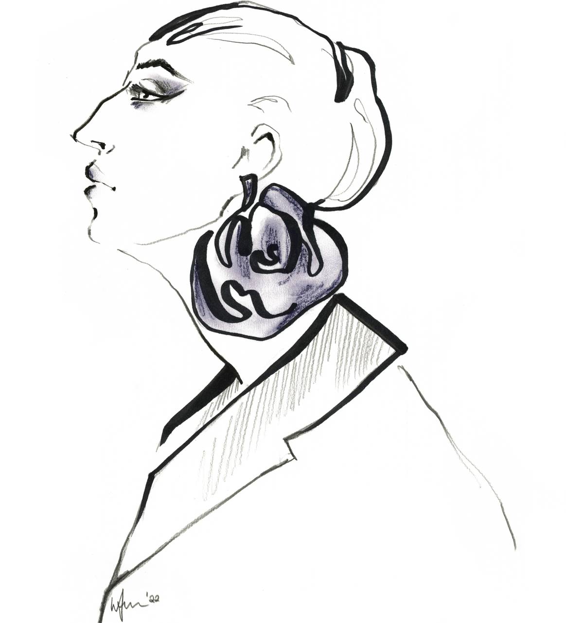 Ilustración de Rossy de Palma desfilando para Juana Martín la pasada edición de la Semana de la Alta Costura de París, por Fashion Strokes.