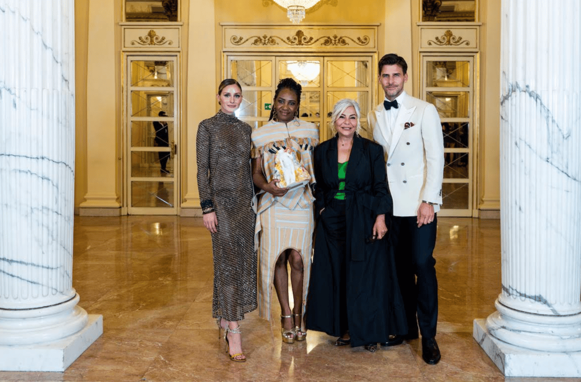 Image: Olivia Palermo, Desirèe Bollier and Johannes Huebl presented the Bicester Collection Award for Emerging Designers to Nkwo Unkwa / CNMI
