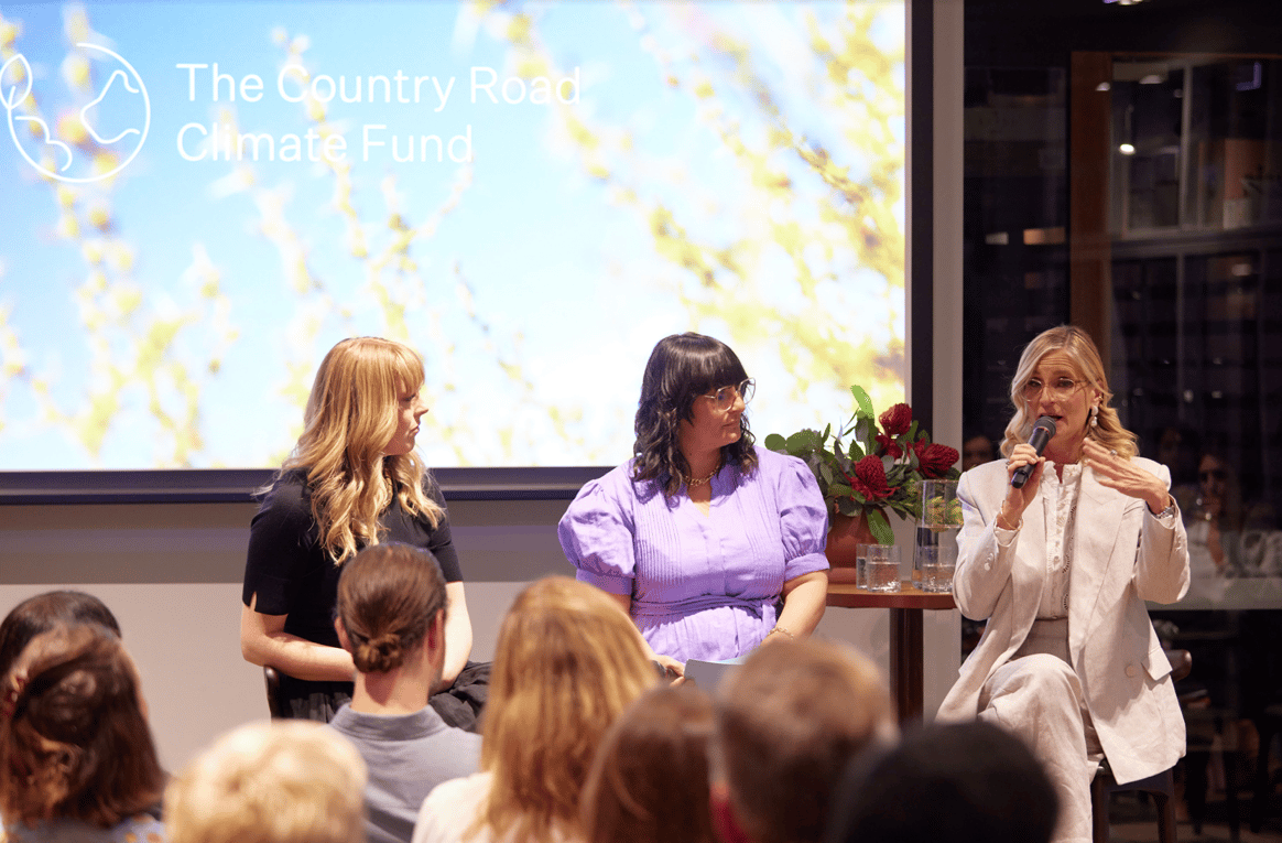 Fabia Pryor, brand sustainability manager at Country Road, Lina Cabai, head of marketing at Country Road, and Helen Crowley,  managing director at Pollination, at the launch of the Country Road Climate Fund (from left to right). Image: Country Road