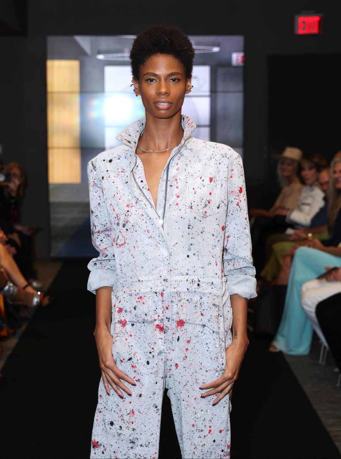 Model wearing the winning design by Ryan Anthony Hamilton during With Love Halston event hosted by Istituto Marangoni on 28 Nov. 2022 in Miami, Florida. (Photo by Rodrigo Varela/Getty Images for Istituto Marangoni Miami)