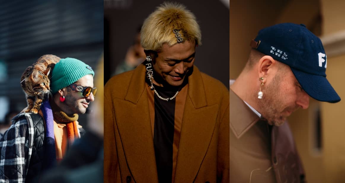 Image: Statement-Pieces adorning the ears of guests at Pitti Uomo | Credit: Astra Marina Cabras / Pitti Immagine (left), Spotlight Launchmetrics