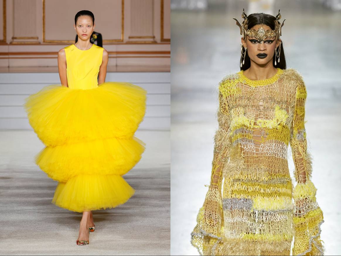 Veel geel bij Carolina Herrera en Rodarte  tijdens New York Fashion Week FW23. Beeld: Launchmetrics Spotlight