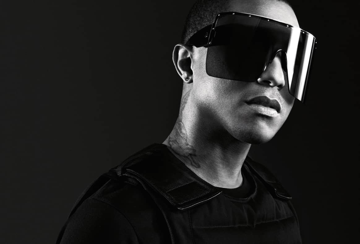 Pharrell Williams models a pair of sunglasses from his Moncler collection. Image: Moncler