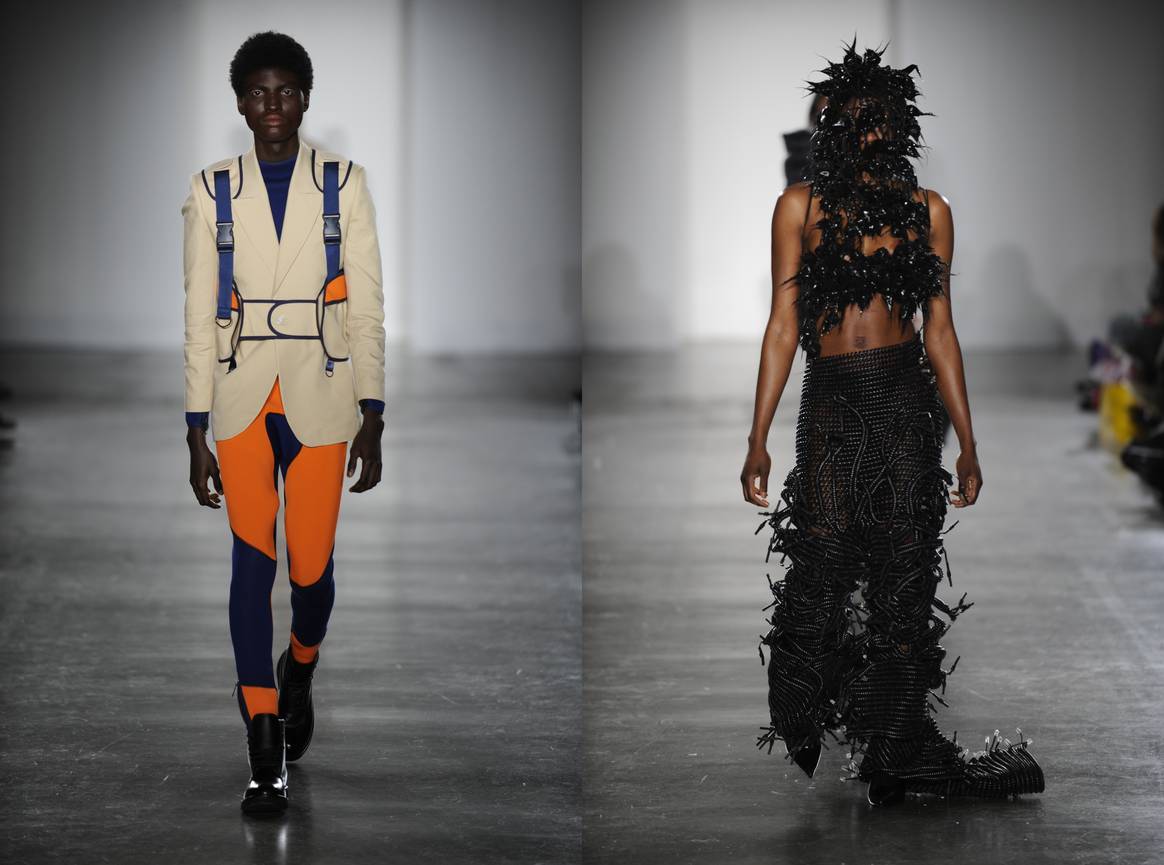 Two looks created by LCF 2023 Master students Jerome Henrottin (left) and Sidhant Sudhan (right). Images courtesy of London College of Fashion/UAL.