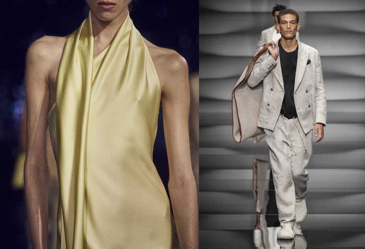 Boss, vêtement en soie de la collection prêt-à-porter printemps-été 2023 (à gauche) et un costume en lin de la marque Emporio Armani, collection printemps- été 2023 (à droite). Images : Spotlight Launchmetrics.