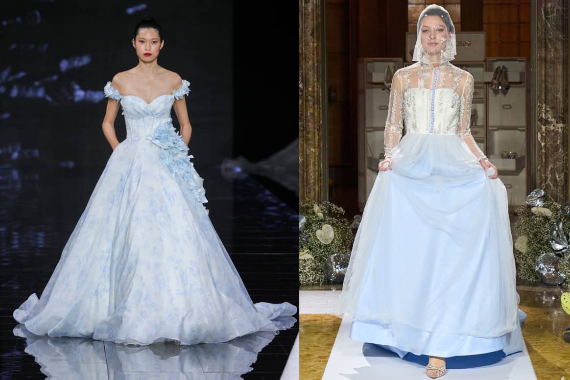 Blue details on the runway for Madeline Gardner (left) and Luxury Bridal Experience (right). Credit: Spotlight Launchmetrics