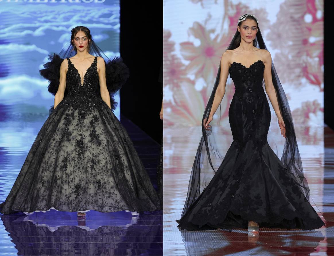 Dramatische zwarte kanten jurken op de catwalk bij Demetrios (links) en Modeca. Beeld: Spotlight Launchmetrics