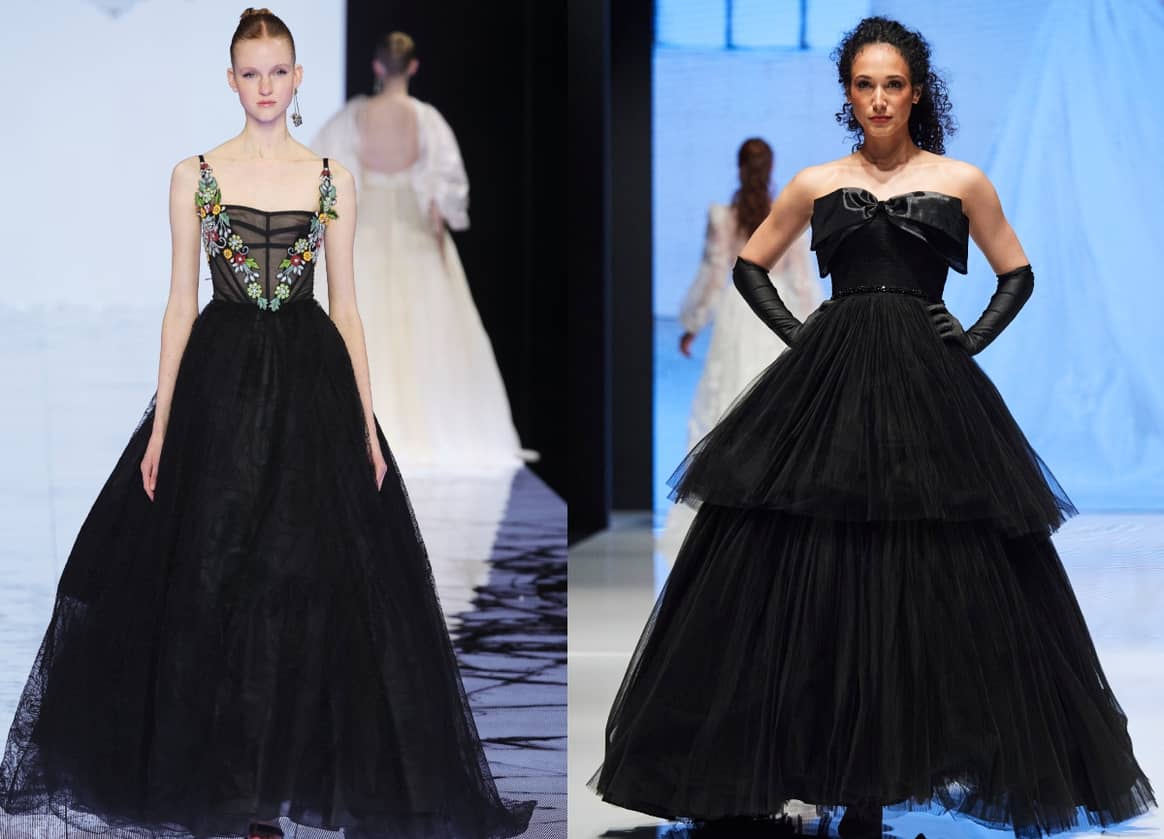 A black dress with florals from Marco Maria (left) and a black dress with a bow in the front from Bentley Weaver. Credit: Spotlight Launchmetrics