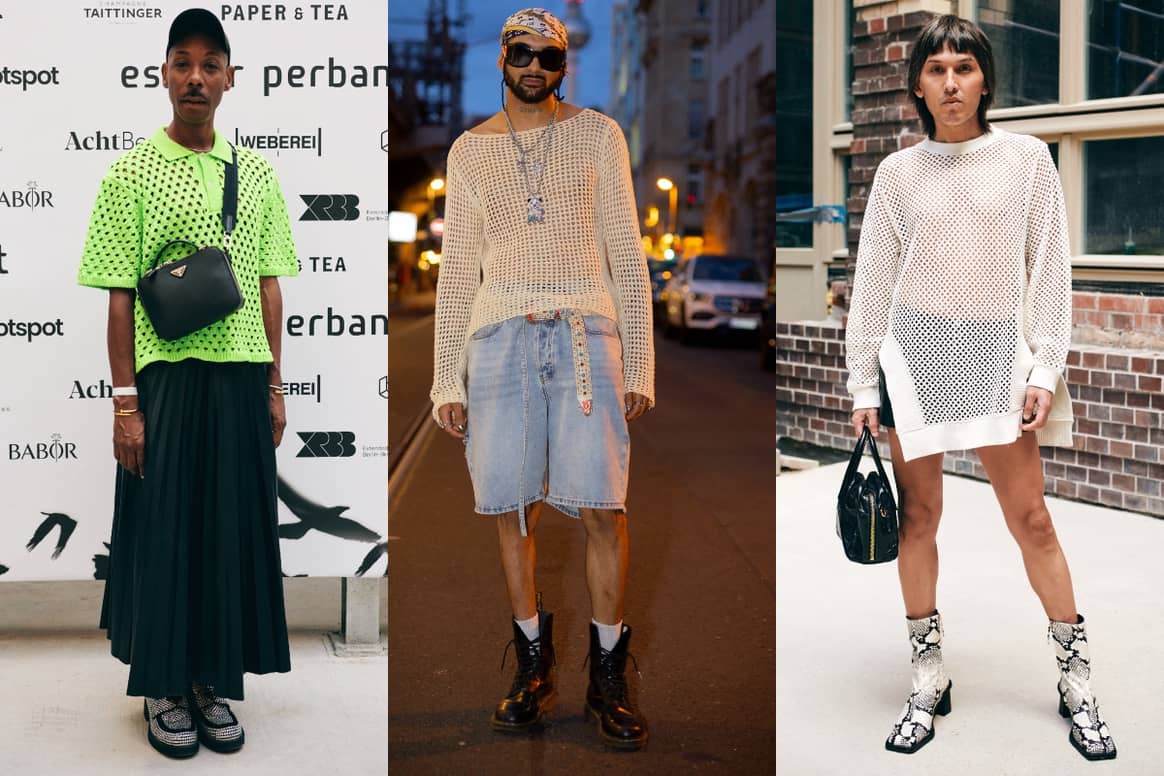 Mesh shirts – street style trend in Berlin Pictures: Ben Mönks (left and right) and Deadhype (middle) for BFW