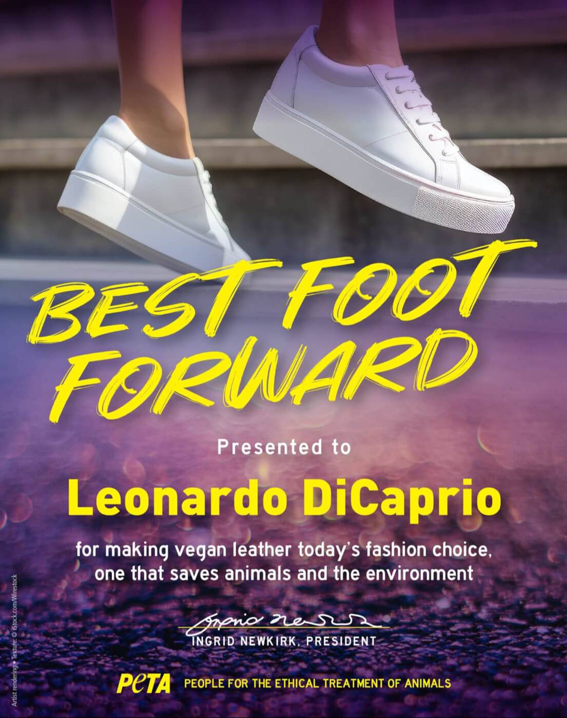 Cartel con el anuncio de Leonardo DiCaprio como primer ganador del nuevo premio “Best Foot Forward” de Peta.