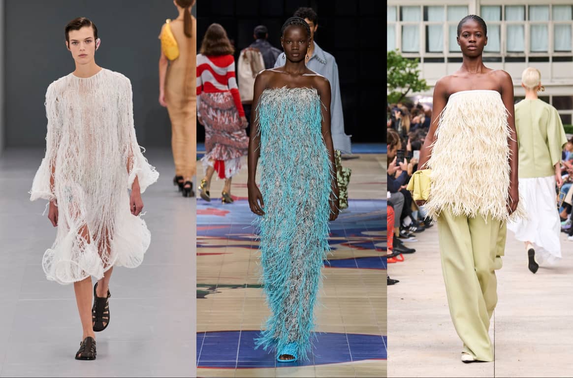 from left to right: feathers at Loewe, Bottega Veneta and Calcaterra