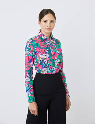 Hawes & Curtis Women's Navy & Pink Floral Print Fitted Cotton Stretch Shirt