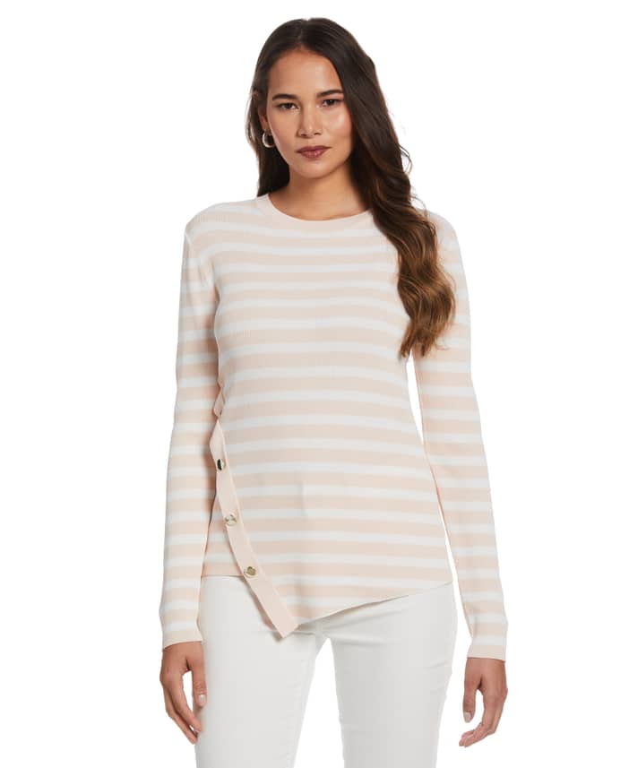 Women's Snap Trim Stripe Asymmetrical Sweater | Ella by Rafaella