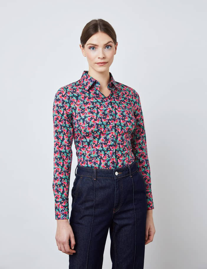 Women's Small Floral Print Fitted Shirt in Navy/Green | Hawes& Curtis