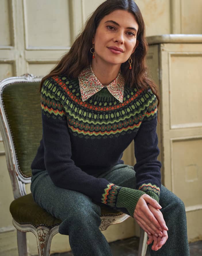 Supersoft Lambswool Fairisle Yoke Jumper Dark Navy | Brora