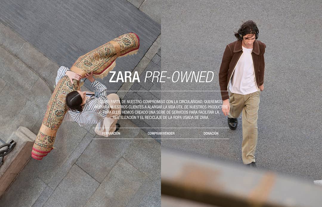 Front-end de la plataforma de reventa y de revalorización de prendas de segunda mano “Zara Pre-Owned” de Zara.