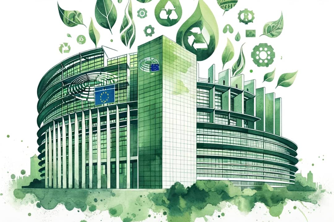Here's the illustration depicting the European Parliament in the context of addressing greenwashing