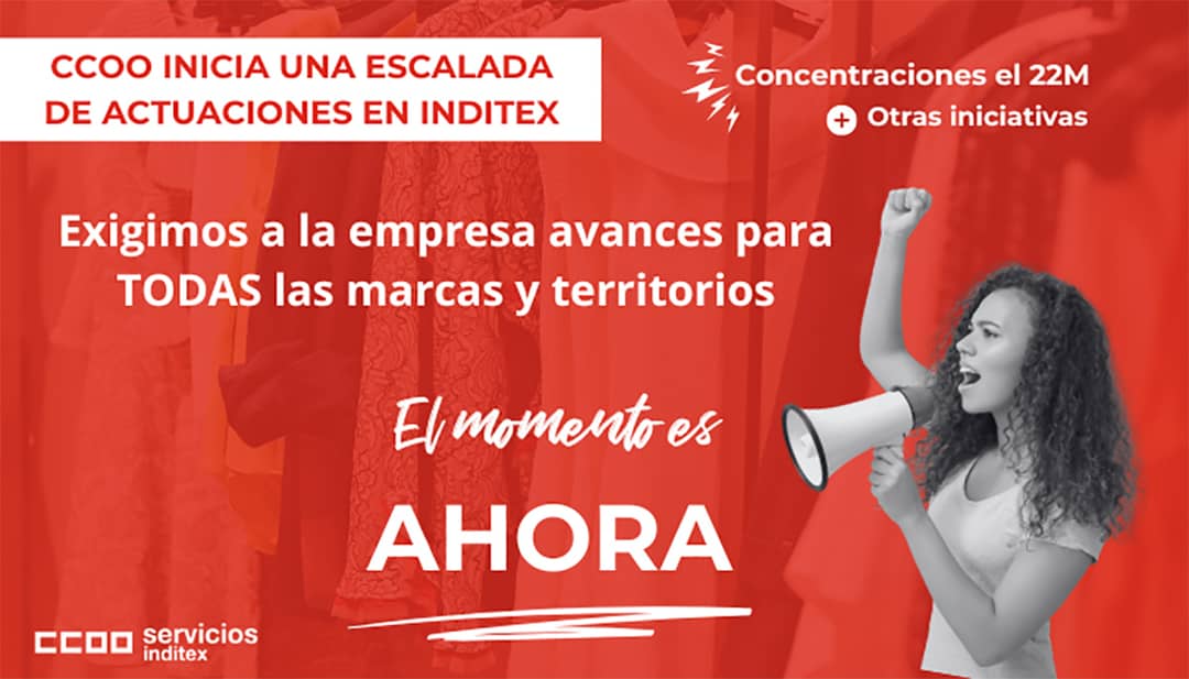Cartel de Comisiones Obreras anunciando las concentraciones de los trabajadores del Grupo Inditex convocadas para el 22 de marzo de 2024.