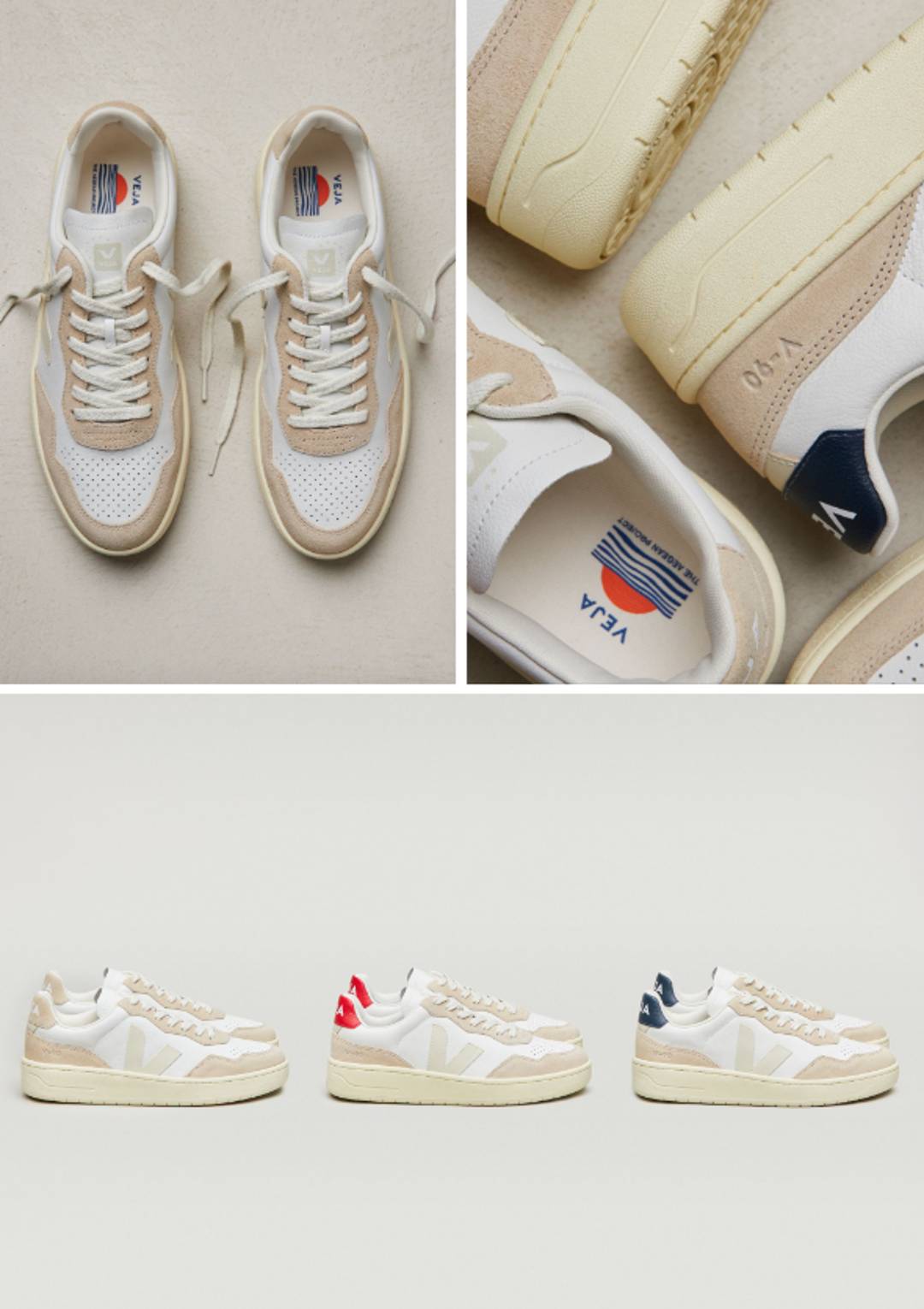 The three different colour styles of the V-90 from Veja are made in Portugal.