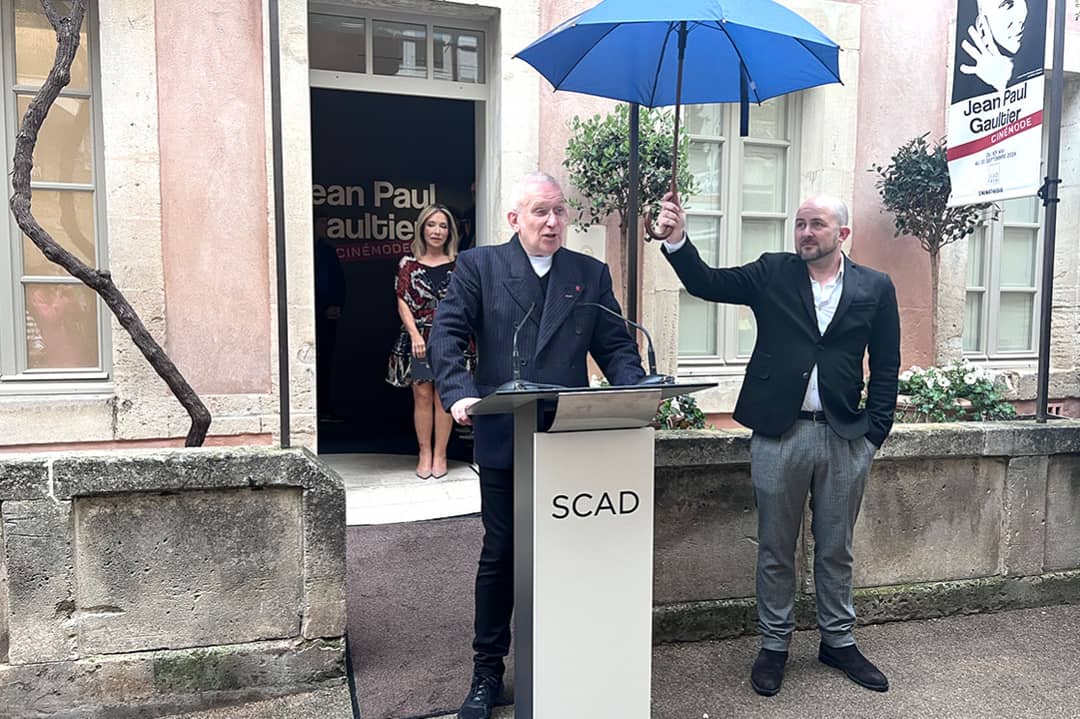 Cinémode exhibition at SCAD Lacoste; Jean Paul Gaultier with Paula Wallace, president and co-founder of Savannah College of Art and Design (SCAD) and Cédric Maros, director of SCAD Lacoste.