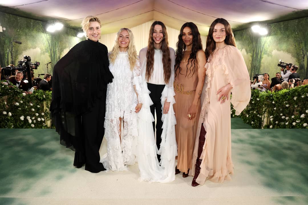 Greta Gerwig, Sienna Miller, Zoe Saldana and Emma Mackey attend the Met Gala in Chloé with creative director Chemena Kamali
