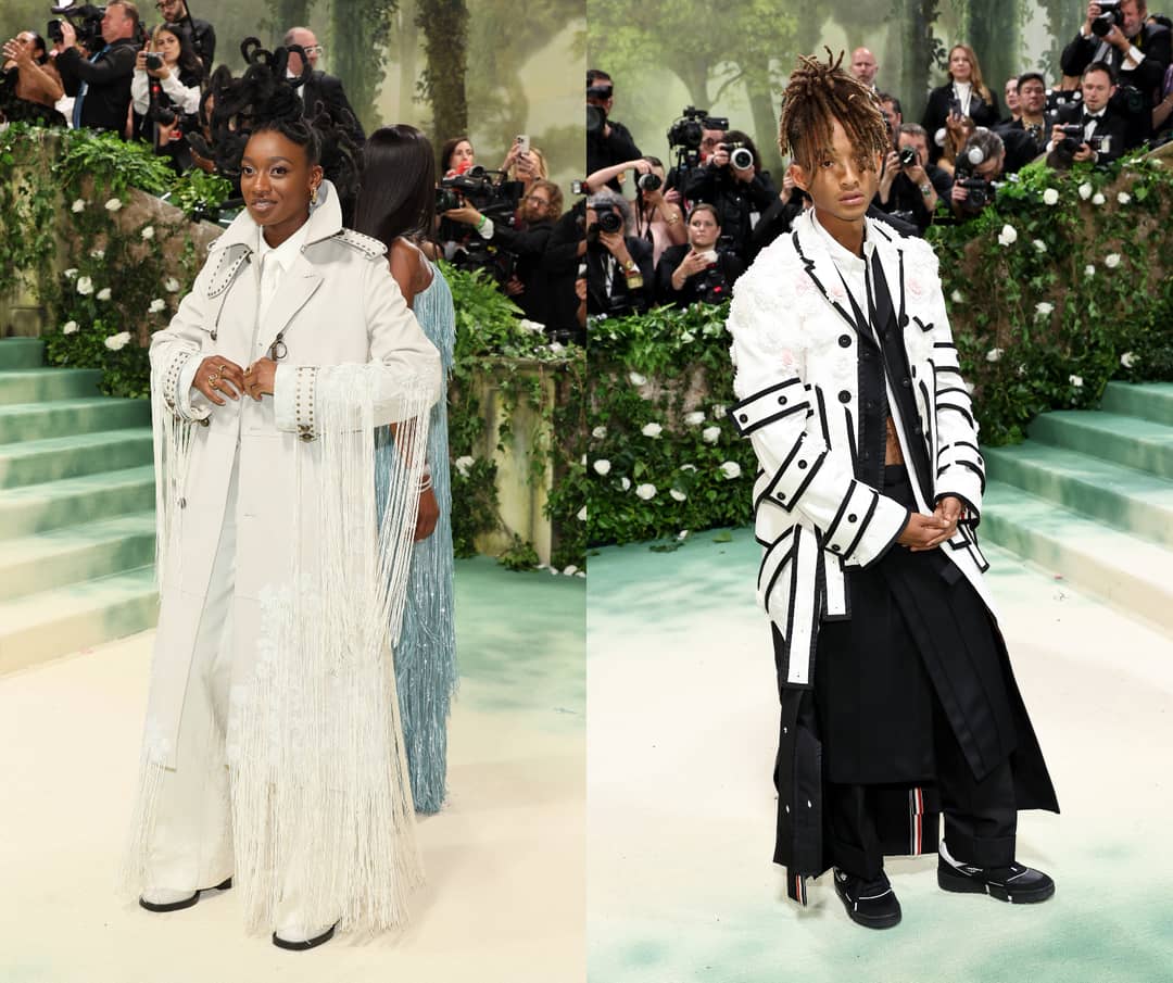 Little Simz in Burberry and Jaden Smith in Thom Browne.