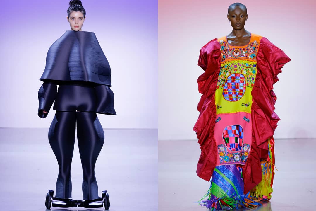 Left: Look by Lilach Porges, winner of 2023 sustainable fashion/textiles, global creative graduate showcase and (right) Valeria Watson, FIT graduation show 2023