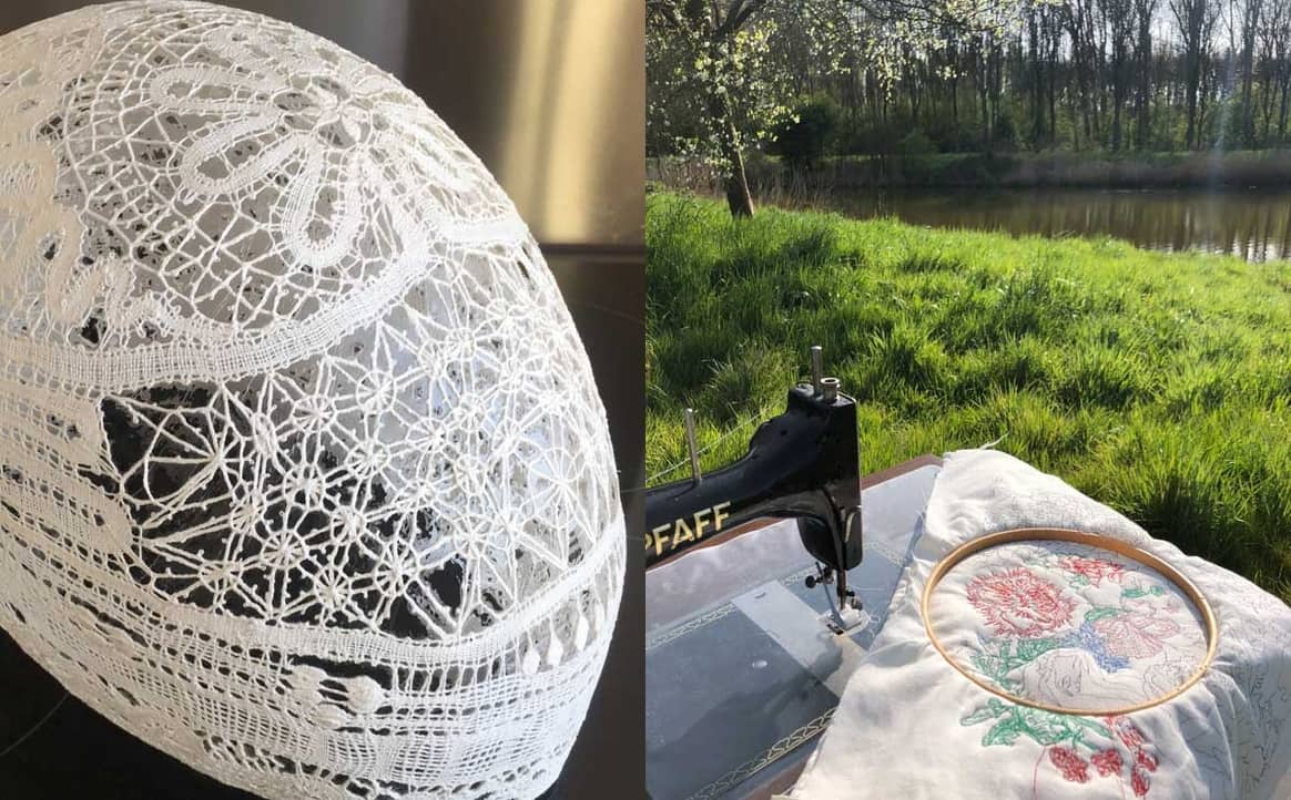 Left: fragment of a lace helmet, made by Katja Ravina.
Right: Ravina's workplace. Photos: Katja Ravina