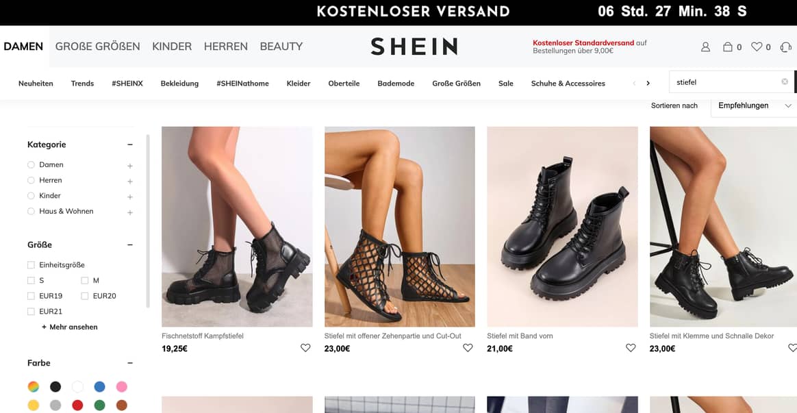 Bild: Schwarze Stiefel auf Shein. Ein Screenshot von der Shein-Website.