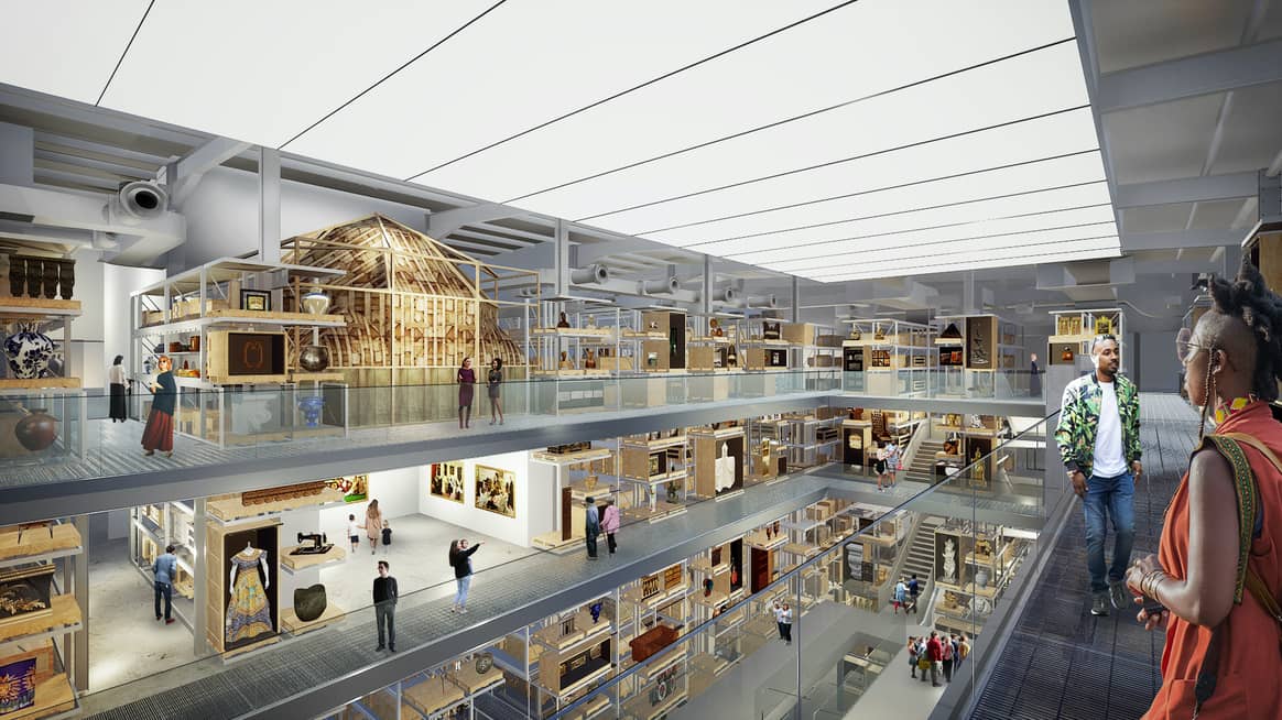Image: courtesy of Victoria and Albert Museum, London; Internal render view of the central collection hall in V&A East Storehouse at Here East, designed by Diller Scofidio + Renfro