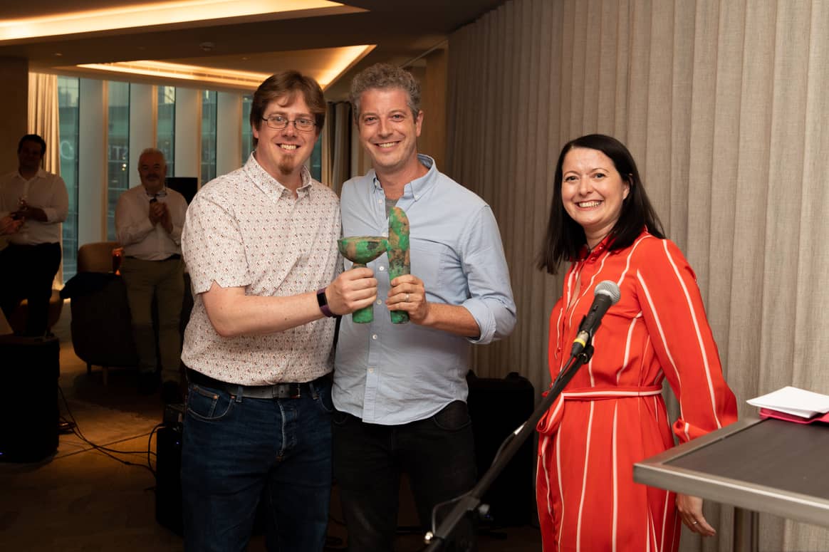 Image: courtesy of Fashion District by Charlie Williams; Toni Allen from The IET with Jordan Berkowitz and Beinn Muir from Biophilica (Winners)