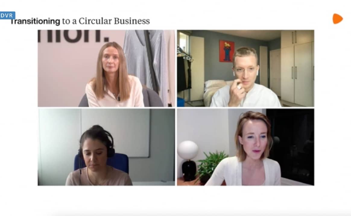 Screenshot, „Transitioning to a Circular Business" Webinar / Laura Coppen, Rory Hugill, Natasha Franck, María Rincón (v.l.n.r.)