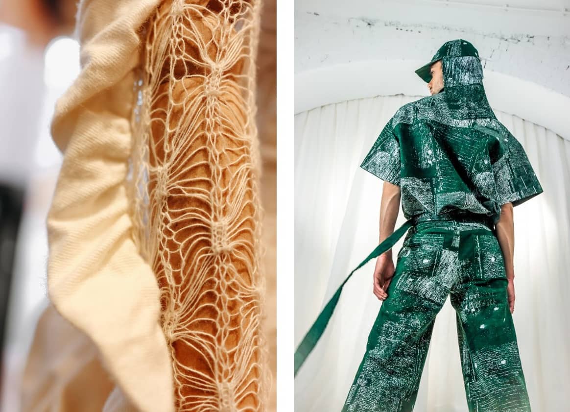 Links: Arbeit von Frederieke Broekgaarden,
Foto Alina Krasieva. Rechts: Arbeit von Eva Sonneveld, Foto Christian
Mpamo. Image via Fashion for Good