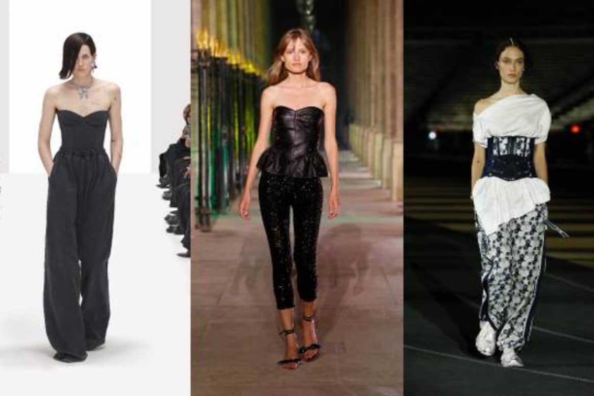 Corsets and bustiers spotted on the catwalk at Balenciaga SS22, Isabel Marant SS21 and Christian Dior Resort22 (left to right). Images via Catwalkpictures.com