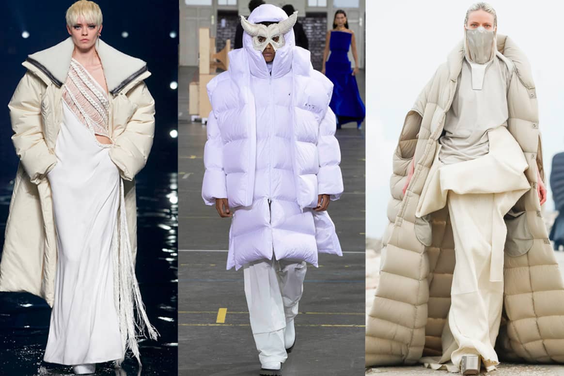 Las chaquetas acolchadas, también conocidas como plumíferos o puffer, están de moda. Imágenes de izquierda a derecha: diseños de Givenchy, Off-White y Rick Owens que se vieron en la pasarela (colecciones FW21). Imágenes: Catwalk Pictures. Abajo, un diseño más accesible de C&A.