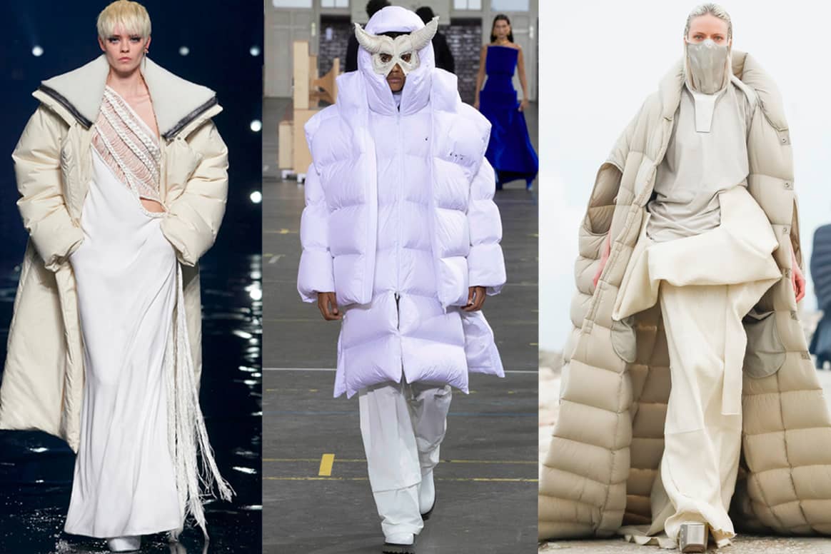 Gefütterte Jacken, auch bekannt als Puffer-Jacken, sind in Mode. Bilder von links nach rechts: Daunenjacken von Givenchy, Off-White und Rick Owens, die auf dem Laufsteg zu sehen waren (AW21-Kollektionen). Bilder: Catwalk Pictures. Unten sehen Sie ein etwas erschwinglicheres Design von C&A.