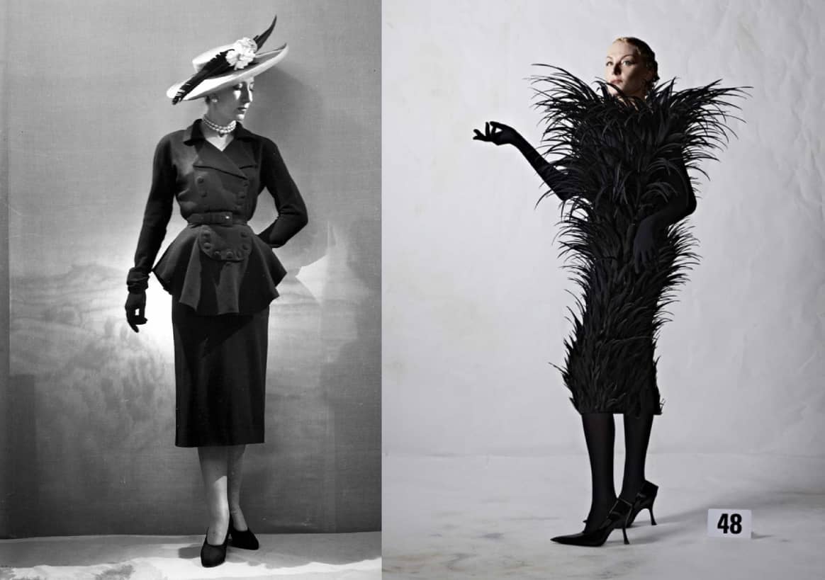This is couture by Balenciaga. Spanish couturier Cristóbal Balenciaga opened his Parisian couture house in 1937. The city of lights is teeming with successful couturiers, but Balenciaga distinguishes himself from his colleagues by the architectural quality of his work. On the left, you see a model in a Balenciaga suit from 1947. Credit: © Lipnitzki / Roger-Viollet / Roger-Viollet / AFP. On the right is the new Balenciaga couture from the AW22 collection, shown at Haute Couture Week in Paris, a design by fashion designer Demna (he recently dropped his surname Gvasalia, ed.). Credit: Balenciaga