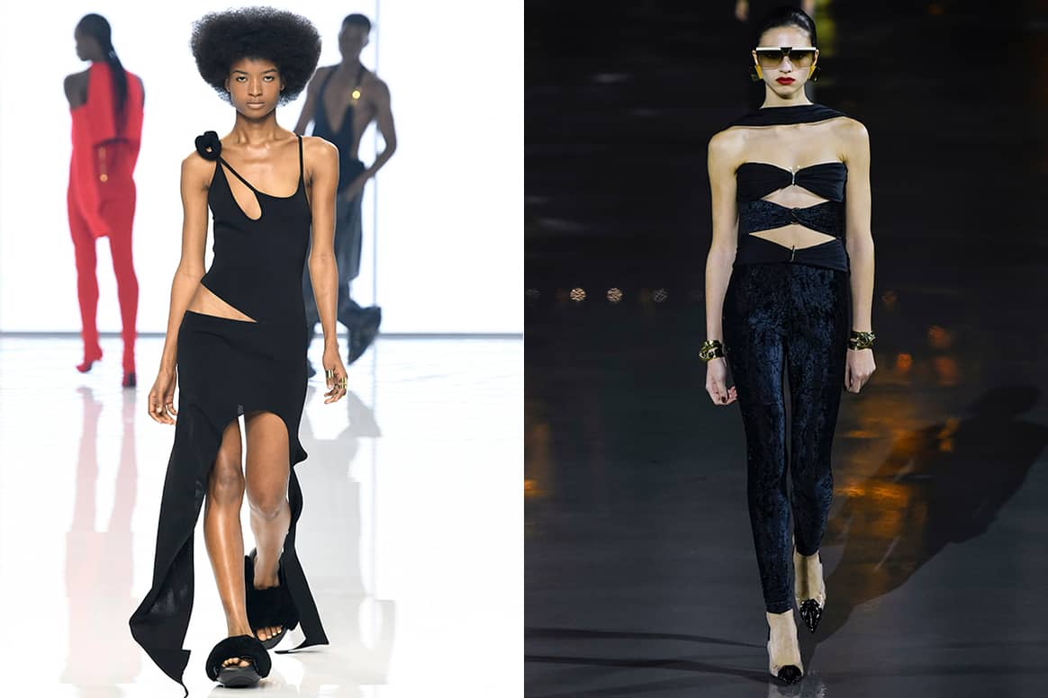 Dressing sexy is currently ‘in’. It’s about showing bare skin. Think bodycon clothing with cut-outs, crop, tube and bra tops and the micro mini skirt. Image: catwalk collections Balmain SS22 (left), Catwalk Pictures & Saint Laurent SS22 (right), Catwalk Pictures. Below are two looks from &Other Stories.