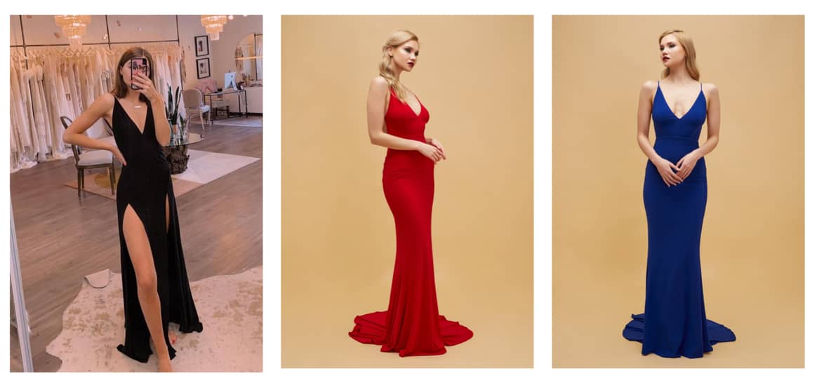 Gowns Fafi in black and Millie in Red and Royal Blue by Seattle-based label Nadia’s Eveningwear