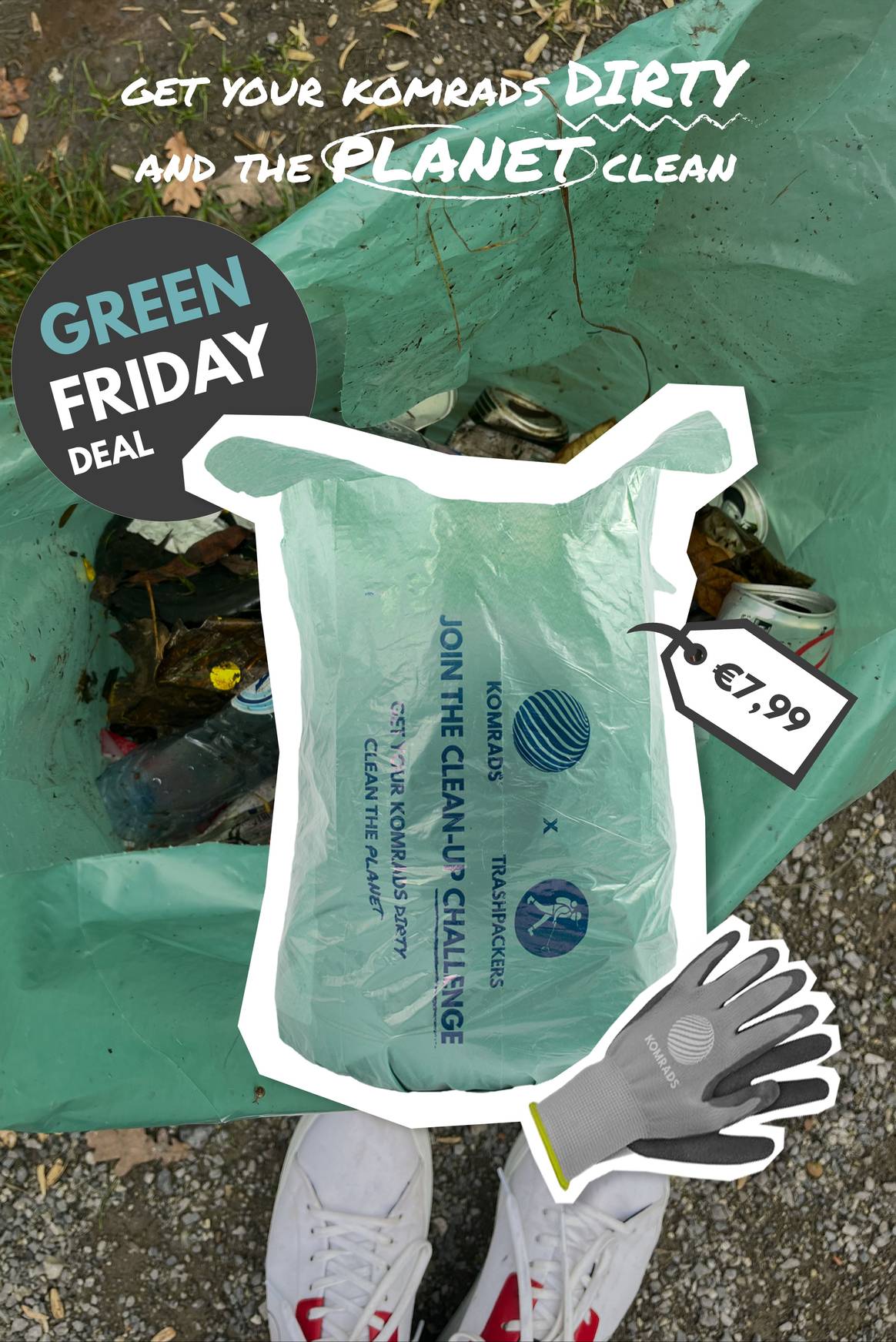 Komrads vende bolsas de basura recicladas y guantes en lugar de zapatillas durante el Black Friday. Imagen: Komrads