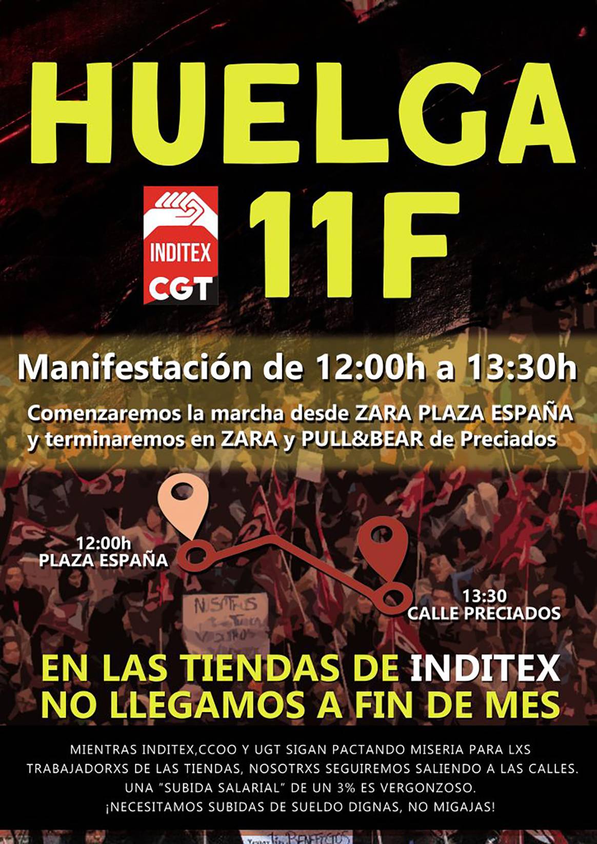 Photo Credits: Cartel de los actos organizados en Madrid con motivo de la convocatoria a la huelga de los trabajadores de tienda de Inditex convocada por la CGT para el 11 de febrero de 2023. CGT.