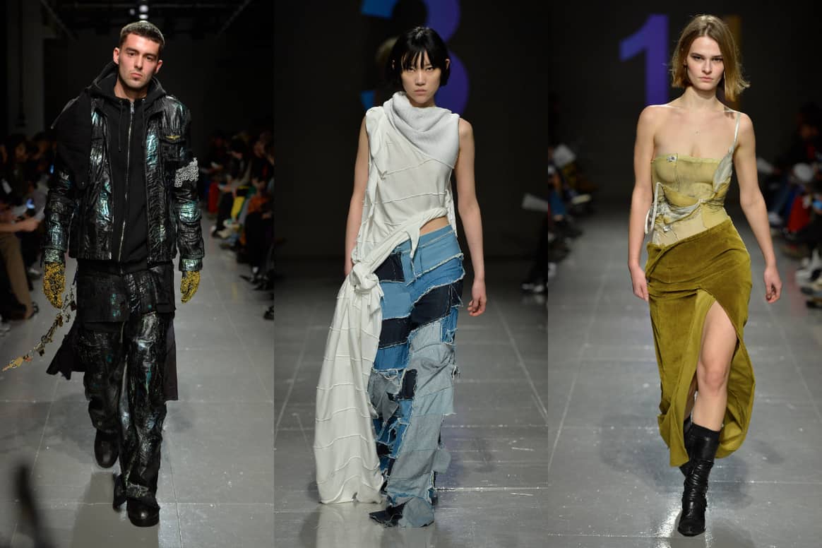 Looks presented by the Central Saint Martins graduating class at LFW AW23. From left to right, designs by: Maxime Black, Isabel Maccines and Louisa Fleischer.