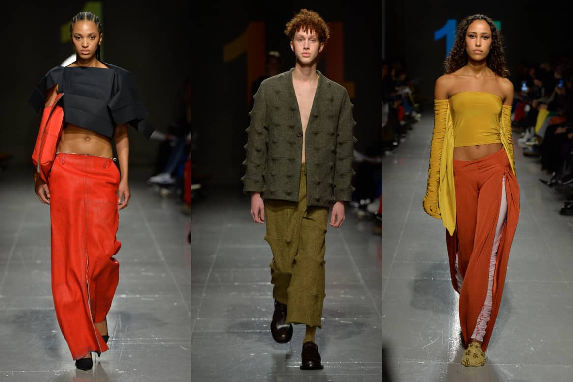 Looks presented by the Central Saint Martins graduating class at LFW AW23. From left to right, designs by: Giorgia Presti, Woojun Jang and Pinanki Shah.
