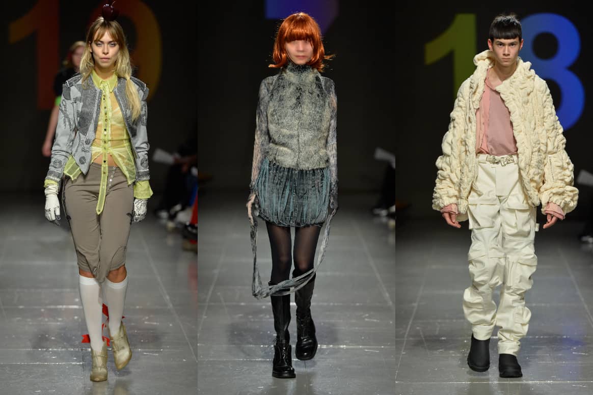 Looks presented by the Central Saint Martins graduating class at LFW AW23. From left to right, designs by: Ellen Poppy Hill, Alena Nevedrova and Humanature Award winner 2023 Alessandro Tondolo.