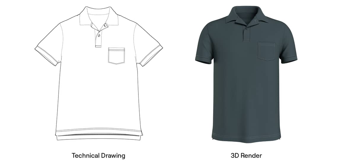 Image: a comparison between a technical drawing of a Polo Shirt and a 3D Render / Stitch