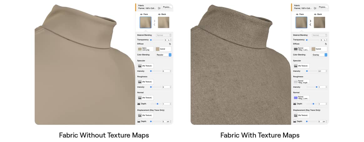 Image: a comparison between a fabric with and without texture maps / Stitch