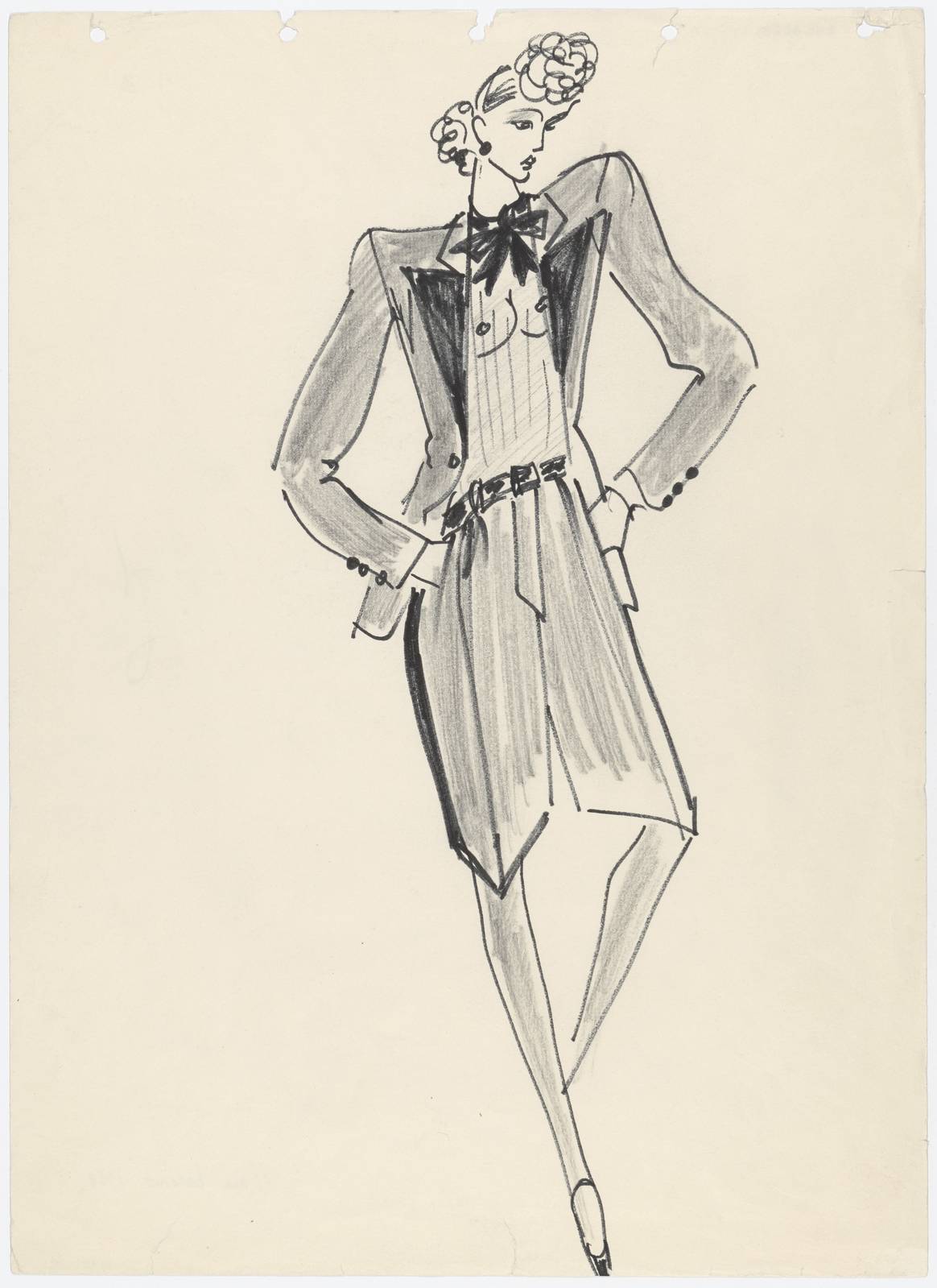 Croquis d’illustration d’un smoking de la collection haute couture printemps-été 1968 réalisé par Yves Saint Laurent en 1983 © Yves Saint Laurent