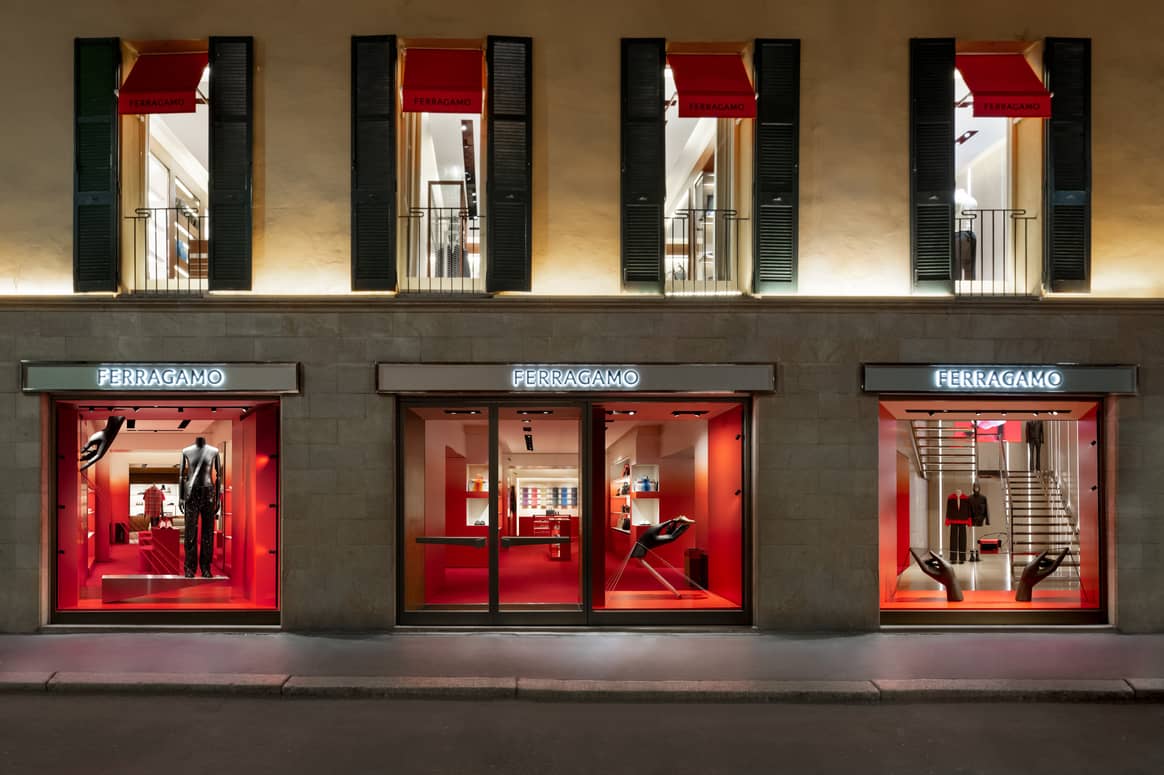 The shop windows at Ferragamo during Milan Design Week 2023. Photo: Ferragamo